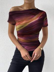 Chiquease 1pc Women's Fashion Tie-Dye Print Asymmetrical Ruched Detail T-Shirt Top Graphic Tees Women Tops