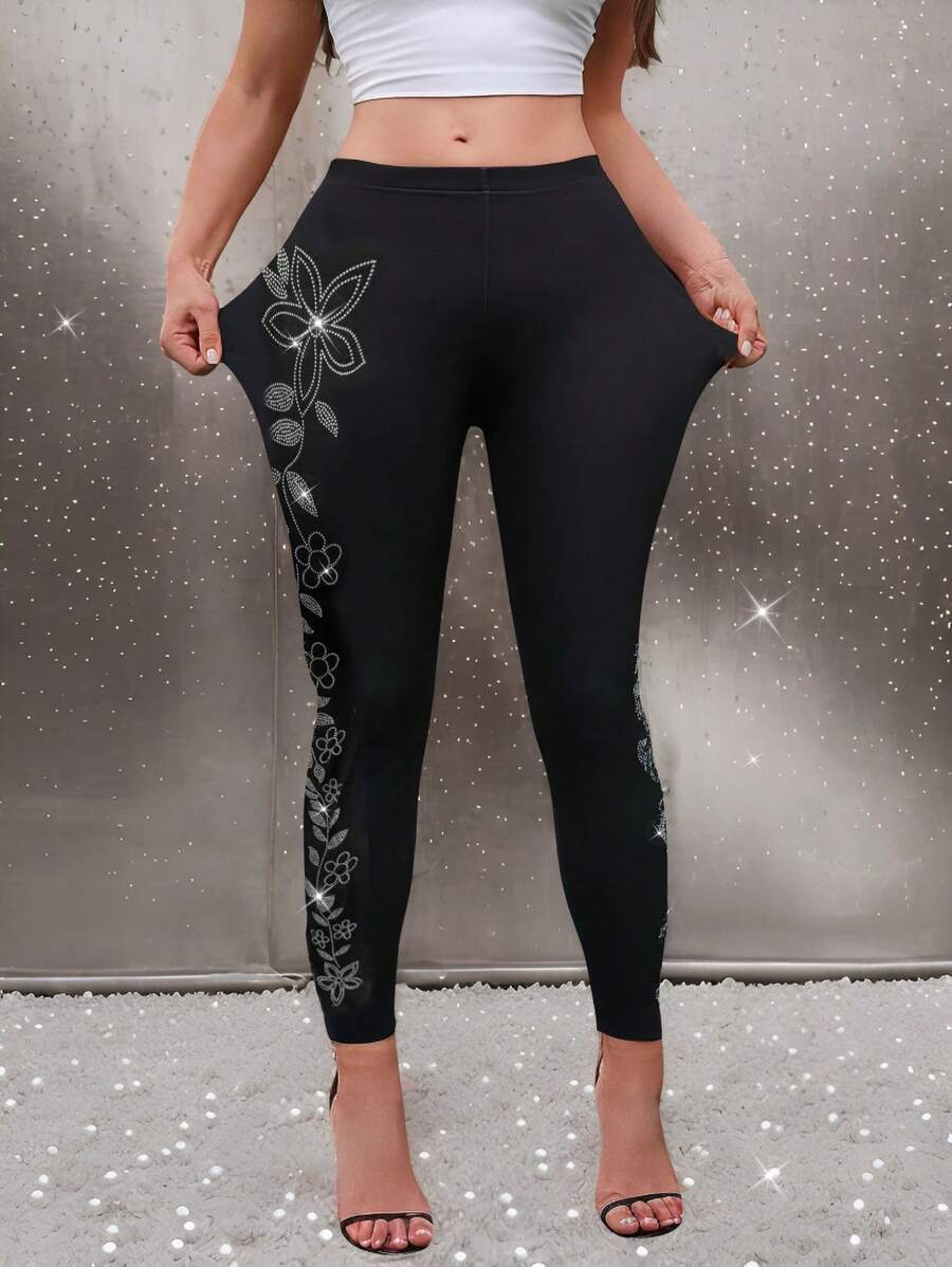 SHEIN Clasi Plus Size Women Solid Knitted Tight Fit Floral Print Regular Leggings, Casual & Elegant - Black - View 1