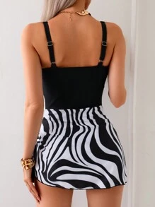 Swim Lushoire Traje de baño de una pieza con estampado de cebra y empalme para mujer, verano 2025 - Negro - Ver 2