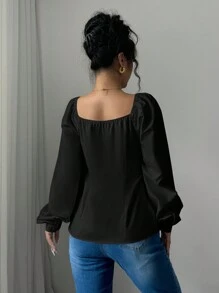 Calvaya New Style French Elegant Square Neck Ruched Cut-Out Blouse