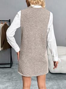 SHEIN LUNE Vestido de suéter de punto con escote en V, multicapa, para otoño/invierno - Caqui - Ver 2