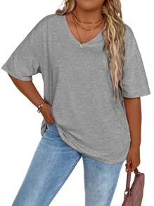 EMERY ROSE Plus Size Plain V-Neck Casual Versatile Short Sleeve T-Shirt - Light Grey - View 1
