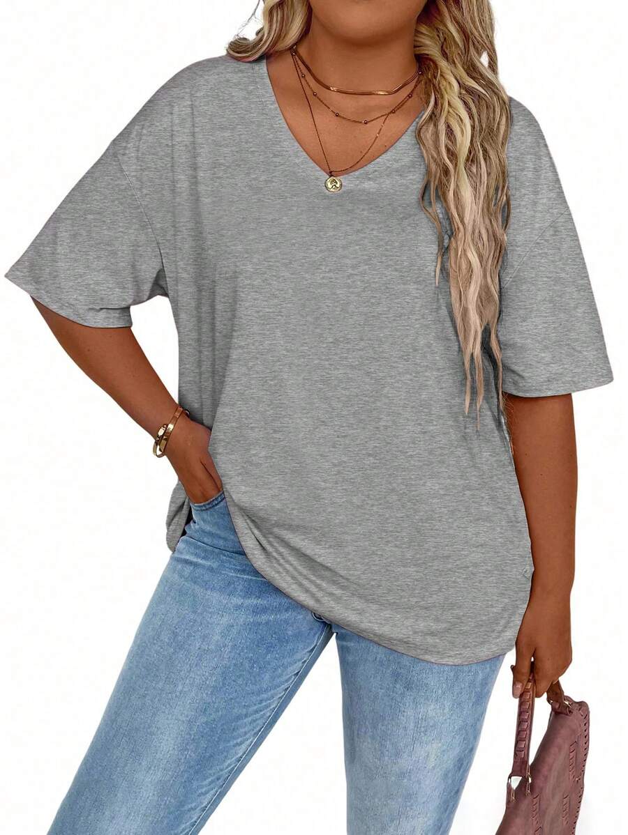 EMERY ROSE Plus Size Plain V-Neck Casual Versatile Short Sleeve T-Shirt - Light Grey - View 1