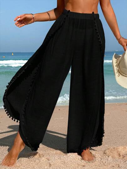 Swim Vcay Beach Outfits Women Beach Resort Solid Color Elastic Waist Wide Leg Loose Cover-Up Pants Summer