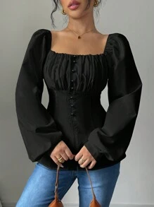 Calvaya New Style French Elegant Square Neck Ruched Cut-Out Blouse