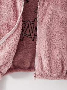 SHEIN Tween Girls' Loose Casual Minimalist Comfortable Hooded Front Open Fleece Jacket With Expression Graph Graphic - Pink - View 6