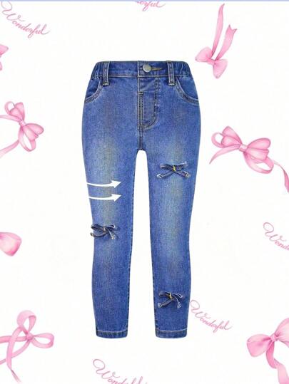 Young Girl Casual Everyday Comfortable High-Stretch All-Match Cute Bow Decor Blue Denim Pants, New 2024 Collection