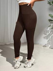 SHEIN EZwear Women's Plus Size High Waisted Stretchy Leggings,Casual Daily/Outdoor/Yoga Pants,Black,Wearable Temperature 70-90°F,Moisture Wicking Fabric,Breathability,Stretch,Button Fastening,Body-Shaping Leggings,Leggings With Pockets - Coffee Brown - View 7