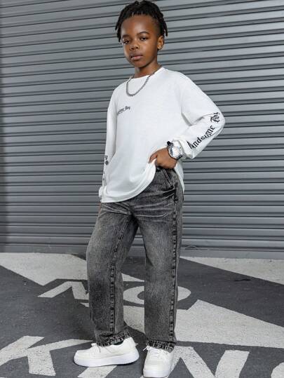 SHEIN Tween Boy Fashion Casual Vintage Designed Wash Water Print Black Denim Loose Comfortable Straight Leg Jeans Boys Cool/Boys Thanksgiving Cute Dailywear And Fall/Winter