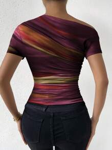 Chiquease 1pc Women's Fashion Tie-Dye Print Asymmetrical Ruched Detail T-Shirt Top Graphic Tees Women Tops