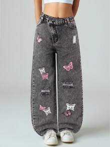 SHEIN Wildeya Tween Girl Asymmetric Elastic Waist Cute Butterfly Print Loose Comfy Light Blue Wide Leg Jeans