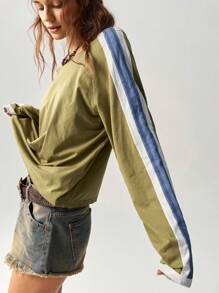 Bohemela Women's Casual Color Block Raglan Sleeve Scoop Neck Loose Fitted T-Shirt - Olive Green - View 3