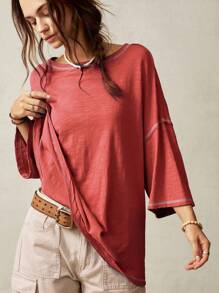 Bohemela Casual Solid Color Knit Round Neck 3/4 Sleeve Relaxed Washed T-Shirt - Red - View 2