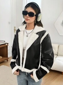 SHEIN Teenage Girls Casual Black Jacket, Winter Outerwear - Black - View 5