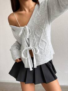 SHEIN Unity Women Solid Color Long Sleeve Front Tie Stylish Cardigan Sweater, Autumn/Winter - Grey - View 4