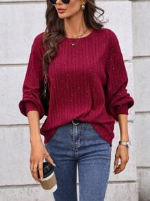 SHEIN LUNE Camiseta casual de mujer para otoño e invierno, de cuello redondo, manga farol, tela acanalada con lentejuelas brillantes