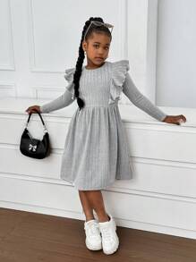 SHEIN Tween Girls' Loose Casual Minimalist Comfortable Round Neck Cap Sleeve Long Sleeve Dress - Grey - View 5