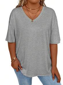 EMERY ROSE Plus Size Plain V-Neck Casual Versatile Short Sleeve T-Shirt - Light Grey - View 3