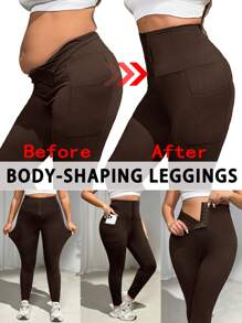 SHEIN EZwear Women's Plus Size High Waisted Stretchy Leggings,Casual Daily/Outdoor/Yoga Pants,Black,Wearable Temperature 70-90°F,Moisture Wicking Fabric,Breathability,Stretch,Button Fastening,Body-Shaping Leggings,Leggings With Pockets - Coffee Brown - View 1