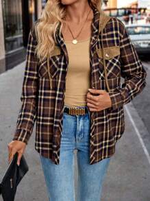 SHEIN LUNE Women's Retro Plaid Patchwork Suede Loose Hoodie Shirt, Casual Design With Long Sleeve For Spring Autumn