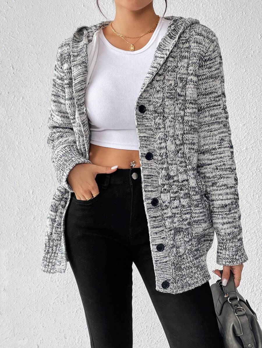 SHEIN LUNE Women's Casual Single-Breasted Hooded Cardigan - Grey - View 1