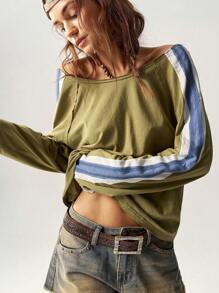 Bohemela Women's Casual Color Block Raglan Sleeve Scoop Neck Loose Fitted T-Shirt - Olive Green - View 6