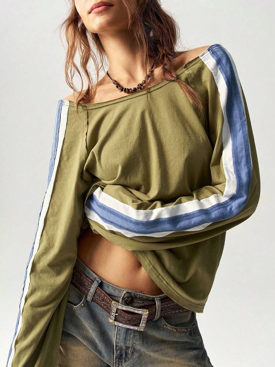 Bohemela Women's Casual Color Block Raglan Sleeve Scoop Neck Loose Fitted T-Shirt - Olive Green - View 1