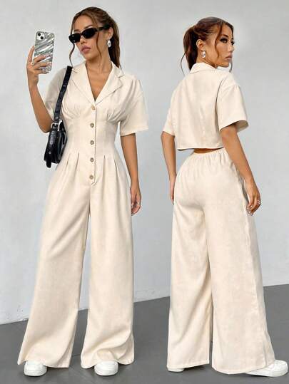 Flirla 女式翻領短袖純色鈕釦連體褲，優雅時尚，潮流酷感