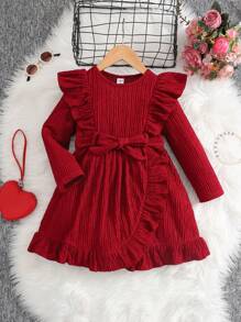 SHEIN Tween Girl 荷叶边下摆长袖休闲简约甜美舒适连衣裙，百搭 - 紅色 - 查看 1