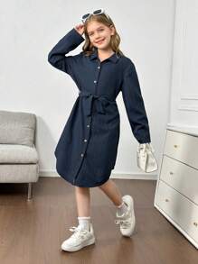 SHEIN 青少年女孩休闲简约舒适高领不对称下摆中长连衣裙 - 寶藍色 - 查看 4