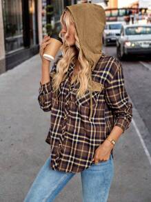 SHEIN LUNE Women's Retro Plaid Patchwork Suede Loose Hoodie Shirt, Casual Design With Long Sleeve For Spring Autumn