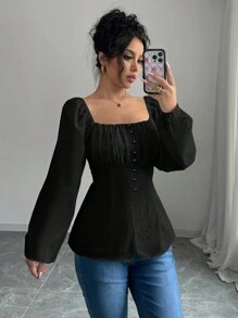 Calvaya New Style French Elegant Square Neck Ruched Cut-Out Blouse
