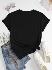 SHEIN LUNE Women's Short Sleeve T-Shirt With Rhinestone Decoration, Lip & Letter Print Crew Neck Graphic Tees Women Tops - Black - View 2