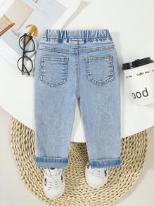 SHEIN Playful Pals 男婴休闲柔软水洗做旧弹力基本款牛仔长裤，轻便，适合所有季节 - 淺色水洗藍 - 查看 2