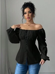 Calvaya New Style French Elegant Square Neck Ruched Cut-Out Blouse