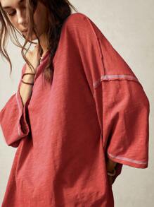 Bohemela Casual Solid Color Knit Round Neck 3/4 Sleeve Relaxed Washed T-Shirt - Red - View 7