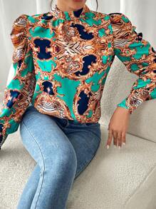 SHEIN Clasi 时尚豹纹复古泡泡袖衬衫，秋季 - 彩色 - 查看 1