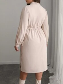 Calvaya Plus Size Women's Beige Solid Color Smart Casual Everyday Shirred Sleeve Cuff Drawstring Waist Zip Up Pocket Short Dress For Autumn Spring & Maxi - Apricot - View 2