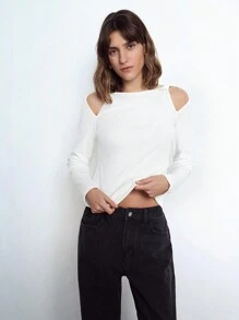 Maija Women's White Casual Solid Color Twist Cutout Off Shoulder Long Sleeve T-Shirt Top, Versatile For Autumn/Winter
