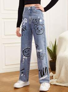 SHEIN Teen Girls Cartoon & Letter Graphic Jeans - Medium Wash - View 3