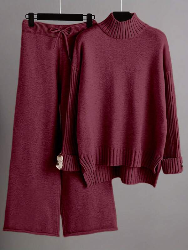 Franclia Conjunto de 2 peças: blusa de gola alta de cor sólida e manga comprida e calça com nó frontal