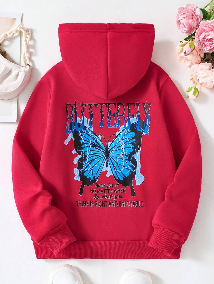 SHEIN 女童休闲时尚蓝色蝴蝶印花连帽针织衫，母女装，初秋 - 紅色 - 查看 1