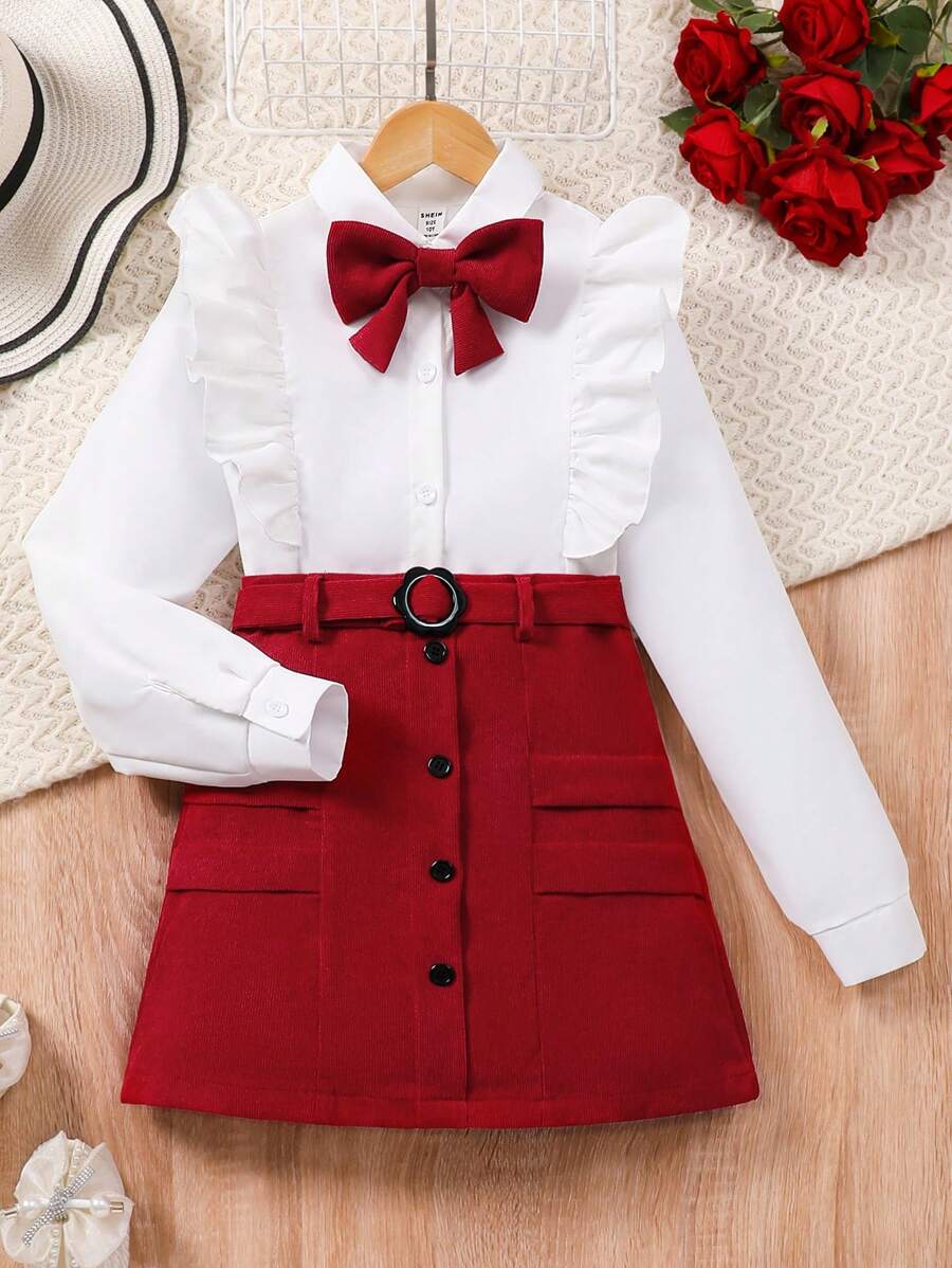 Conjunto de 2 piezas para niña preadolescente con blusa de manga larga con botones delanteros y decoración de moño, talla grande falda mini - Rojo - Ver 1
