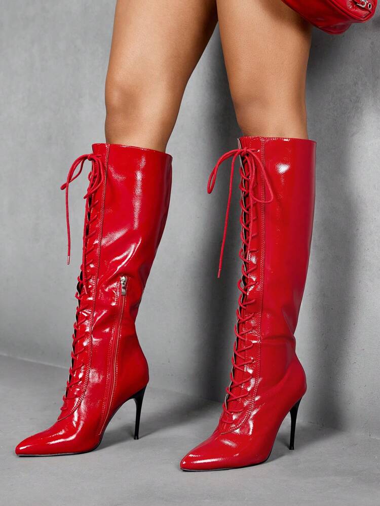 CUCCOO SZL Women's Red Pointed Toe Thigh High Boots And Mid-Calf Boots, Fashion High Heel Boots, Suitable For Night Out Outfit, Christmas And New Year Party