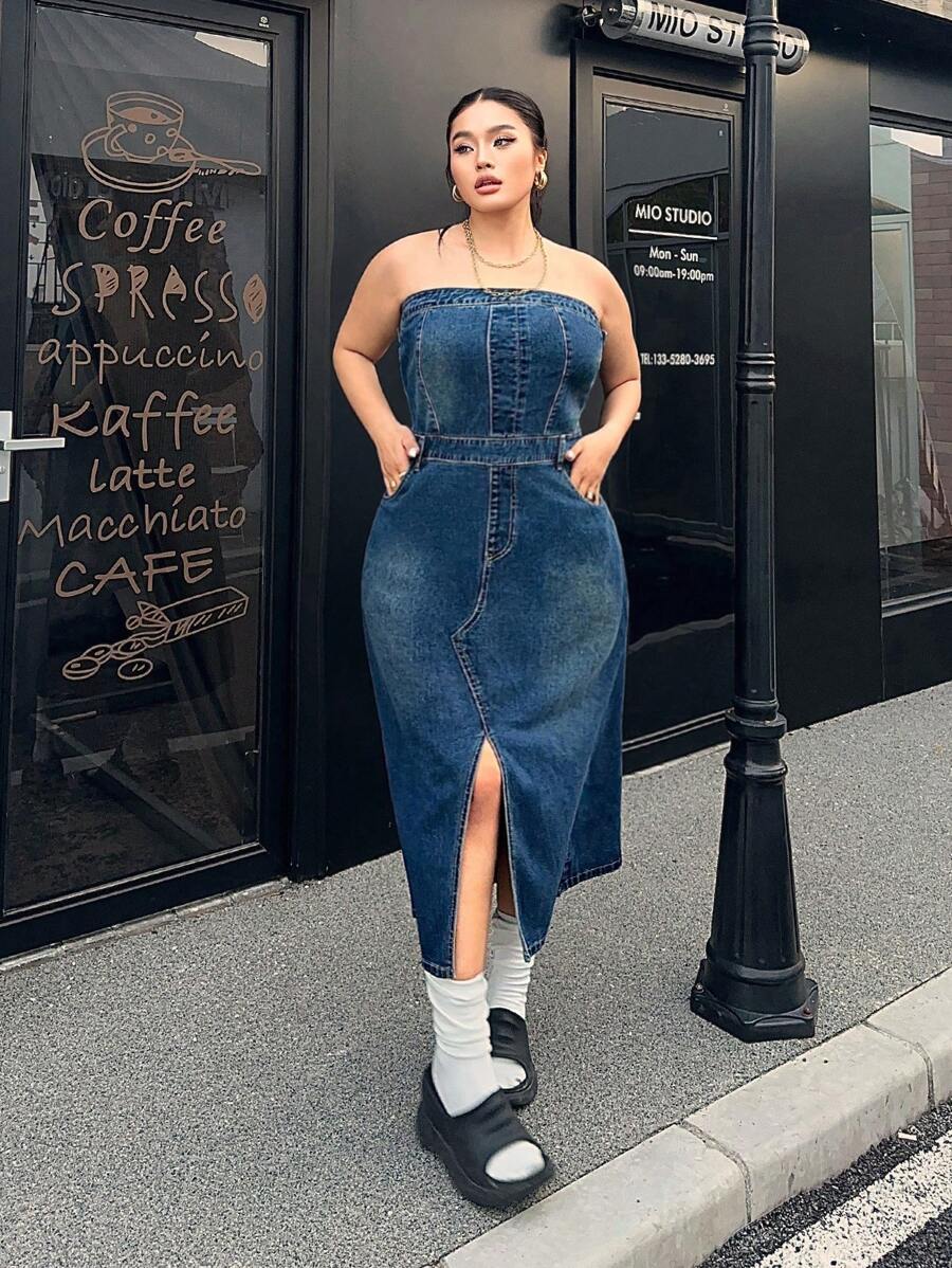 SHEIN ICON 大码水洗牛仔无袖开衩连衣裙，无松紧带，时尚 - 深色水洗藍 - 查看 1