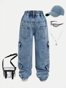 SHEIN Young Girl' Casual Side Pocket Detail Washed Straight Leg Jeans - Medium Wash - View 2