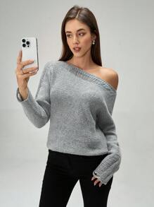SHEIN Unity 纯色不对称领口休闲百搭长袖针织套头衫，适合秋冬季穿着 - 灰色 - 查看 1