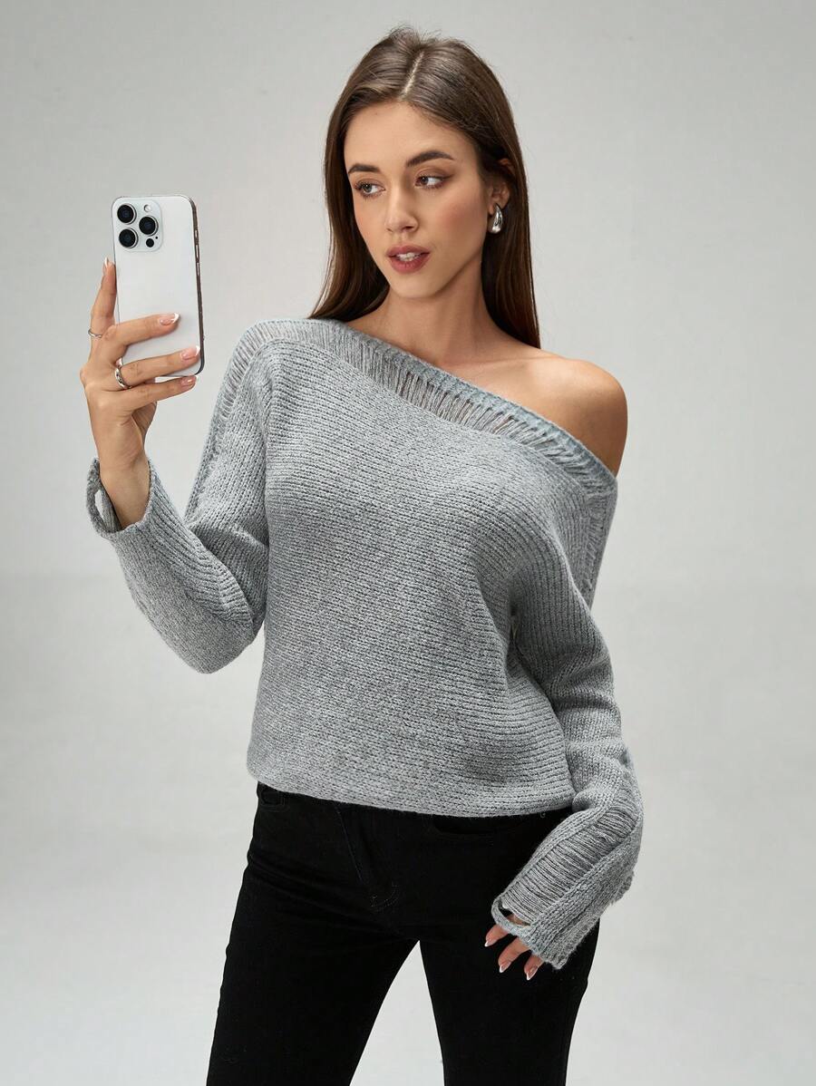 SHEIN Unity 纯色不对称领口休闲百搭长袖针织套头衫，适合秋冬季穿着 - 灰色 - 查看 1