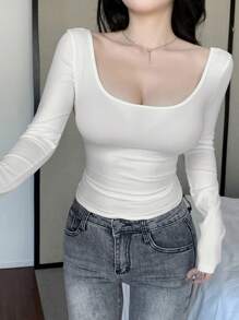 DAZY Camiseta básica de manga larga de unicolor, casual para otoño/invierno