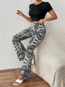 Flirla Pantalones holgados casuales de mujer con estampado de paisley y cintura elástica alta